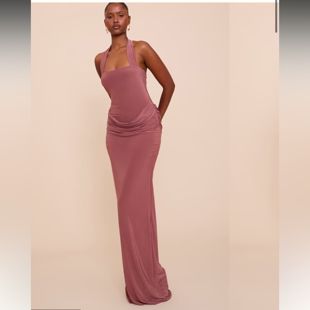 PRETTY LITTLE THING Double layered slinky square halter neck drape dress
